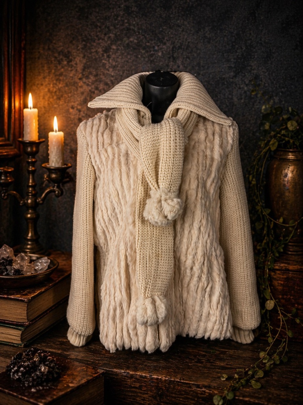 Vintage Old Money Rabbit Fur Sweater Jacket Set • Genuine Fur + Scarf & Gloves